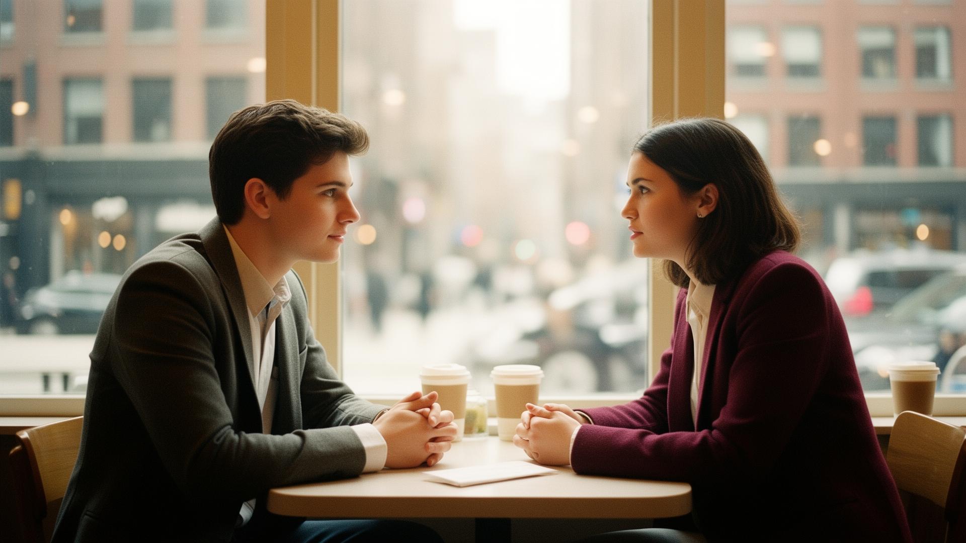 Two young professionals having a meaningful conversation over coffee